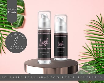 May include: Two clear bottles with black labels and silver pumps. The labels have a pink and white design with the text "Lash Cleansing Foam" and "Your Business Name".