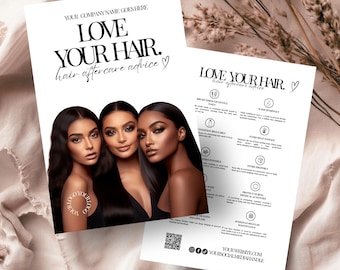 Hair Extension Aftercare Card Advice Template, White Printable Hair Bundle Care Guide, WB-MW