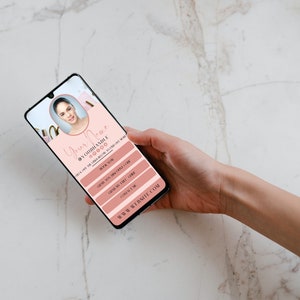 May include: A pink and white mobile phone screen displaying a digital business card with the text "Your Name @yourhandle" and contact information. The business card has a pink background with gold accents.