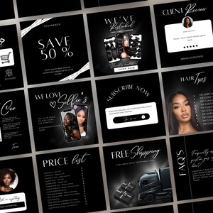 May include: A collage of nine black and white Instagram posts promoting hair extensions. The posts feature images of hair extensions, models, and text about the products and services offered. The text includes phrases like "We've Restocked", "Save 50%", "Subscribe Now", "Free Shipping", "Hair Tips", "Price List", and "FAQ's".
