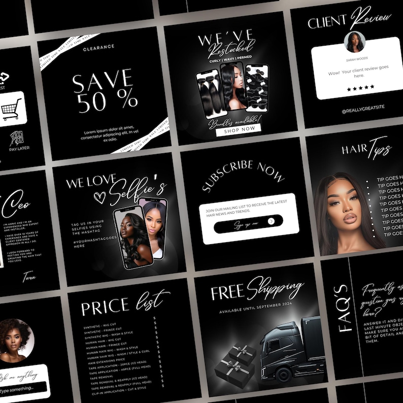 May include: A collage of nine black and white Instagram posts promoting hair extensions. The posts feature images of hair extensions, models, and text about the products and services offered. The text includes phrases like "We've Restocked", "Save 50%", "Subscribe Now", "Free Shipping", "Hair Tips", "Price List", and "FAQ's".