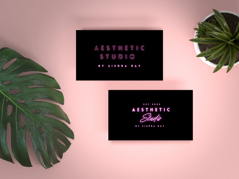 May include: Two black business cards with white text. The top card reads "Aesthetic Studio by Sierra Ray". The bottom card reads "Est. 2022 Aesthetic Studio by Sierra Ray". The text "Studio" is in pink neon.