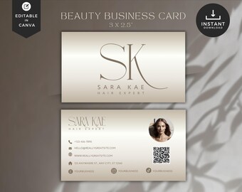 Plantilla de tarjeta de presentación de belleza neutra dorada para Canva (Descarga digital)