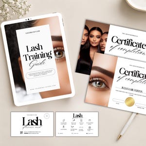 May include: A digital tablet displaying a Lash Training Guide, two certificates of completion, and two lash aftercare cards. The materials feature black text on white backgrounds, imagery of eyes with long lashes, and a gold seal on one certificate.