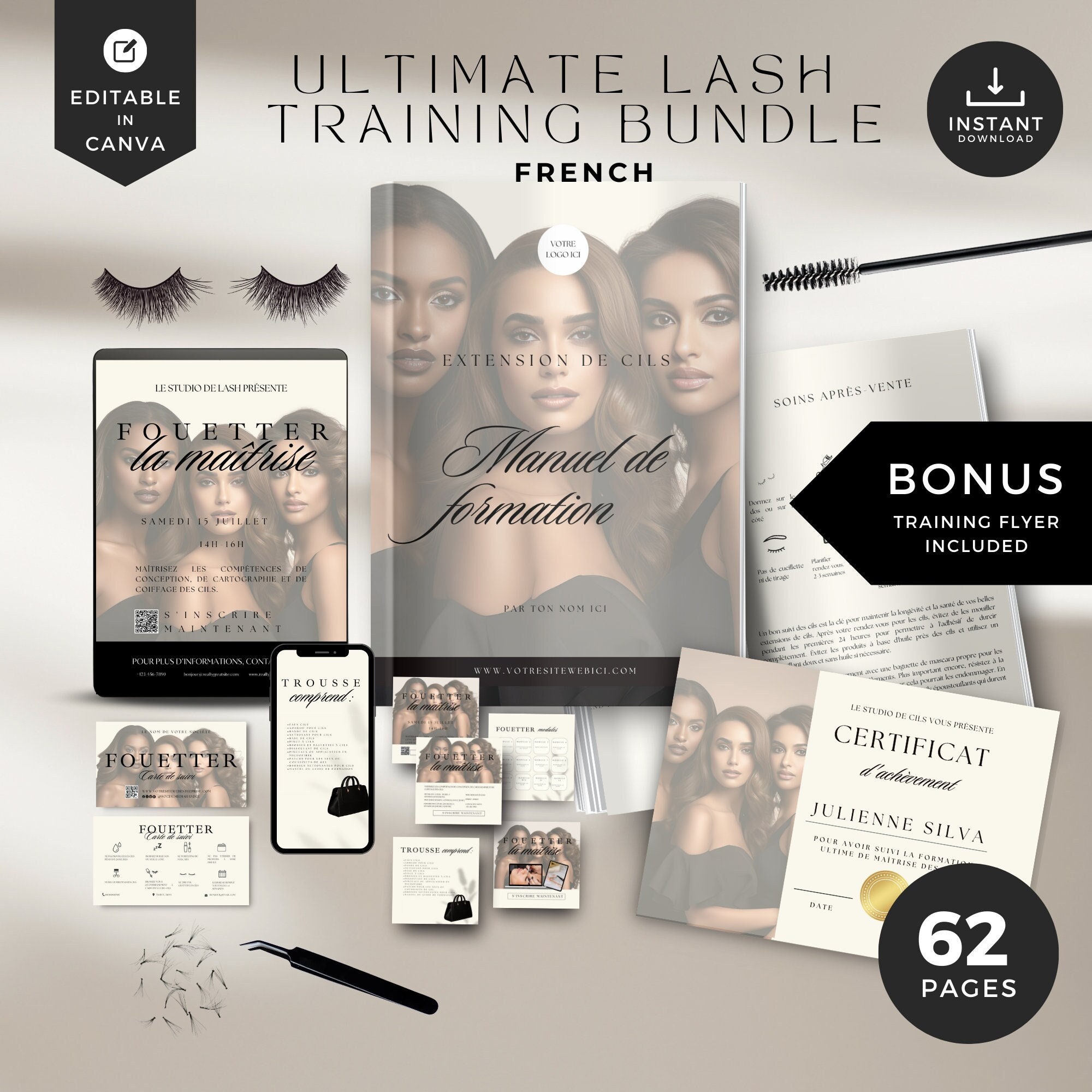 French Lash extension training template,lash Extension Training Manual,lash training template,lash training book editable aftercare,LT-CB