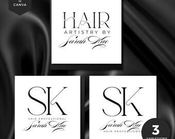 Puede incluir: Tres variaciones de un logotipo para una estilista llamada Sarah Kac. El primer logotipo presenta la palabra "HAIR" en mayúsculas con un diseño estilizado de mechones de cabello. El segundo y tercer logotipo presentan las iniciales "SK" en una fuente estilizada con el nombre "Sarah Kac" escrito en cursiva debajo.