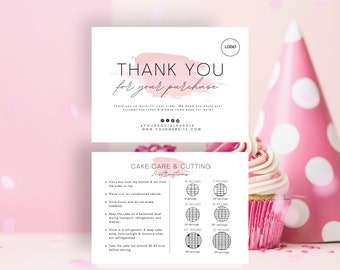 A6, Editable Cake care card template, Thank you cards,  Cake care card, Cake serving guide, Cake cutting guide, CC-PW