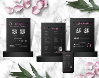 Beauty Salon Price List Template: Neon Pink Scan to Pay (Canva Editable, Digital Download)