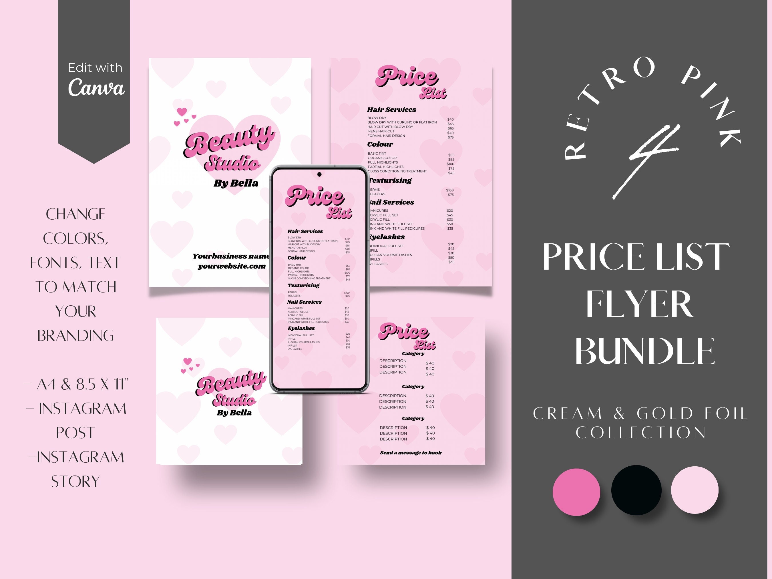 Pink Retro Beauty Price List Template: Editable Canva Design (Digital Download)