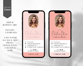 May include: Two pink digital business card templates for a lash technician. The cards feature a photo of a woman, the text "Chloe Mae Lash Technician", contact information, and the company name.