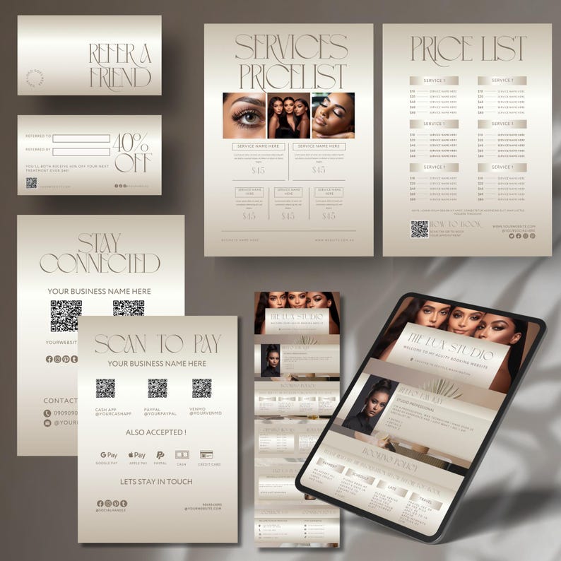 May include: A collection of promotional materials for a beauty studio, including a referral card, a discount offer, service pricelist, and a digital tablet displaying a website. The color scheme is beige and gold, with images of women.