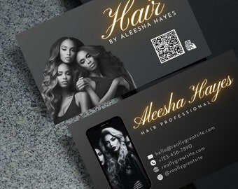 Black & Gold Hair Business Card Template with QR Code (DIY Canva)