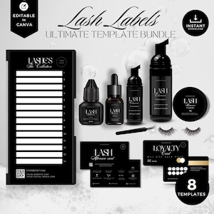 May include: A black and white template bundle for lash businesses. Includes lash extension labels, aftercare cards, loyalty cards, and other templates. The image also shows lash cleanser, adhesive, and tweezers.