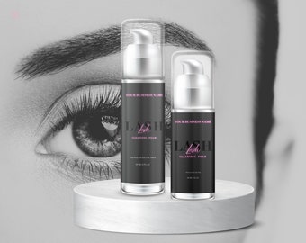 May include: Two black and silver bottles of lash cleansing foam with the text "YOUR BUSINESS NAME" and "LASH" in pink lettering. The bottles are on a white marble surface.