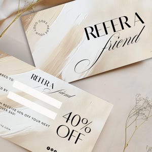 Refer a friend card template,referral card, client referral card, Editable Rewards Card, Nude,White, boho, classy, beige minimal,  BB-LN