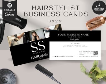 Tarjeta de presentación de estilista con código QR: Plantilla en blanco y negro (descarga digital)