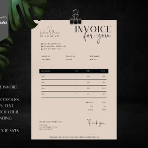 May include: A beige invoice template with the text "Invoice for you" and "Thank you" in elegant script. The template includes fields for item descriptions, quantities, and prices. The words "Edit with Canva" and "Editable Invoice" are also visible.