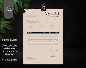 Minimalist Invoice Template: Lash Tech, Makeup Artist, Nail Tech (Canva Editable, A4 & US Letter)
