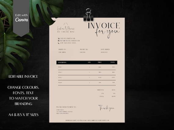 Minimalist Invoice Template: Lash Tech, Makeup Artist, Nail Tech (Canva Editable, A4 & US Letter)