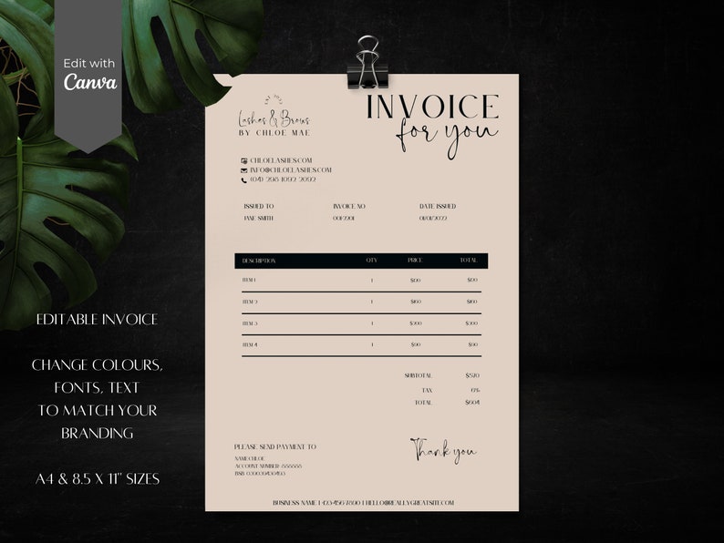 May include: A beige invoice template with the text "Invoice for you" and "Thank you" in elegant script. The template includes fields for item descriptions, quantities, and prices. The words "Edit with Canva" and "Editable Invoice" are also visible.