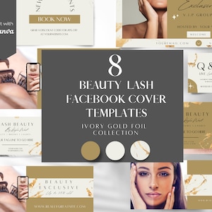 Lash Tech Facebook Cover Templates: Ivory Gold Beauty Banners (Canva)