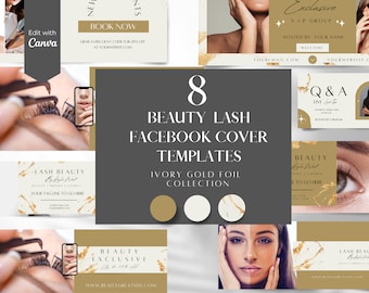 Lash Tech Facebook Cover Templates: Ivory Gold Beauty Banners (Canva)