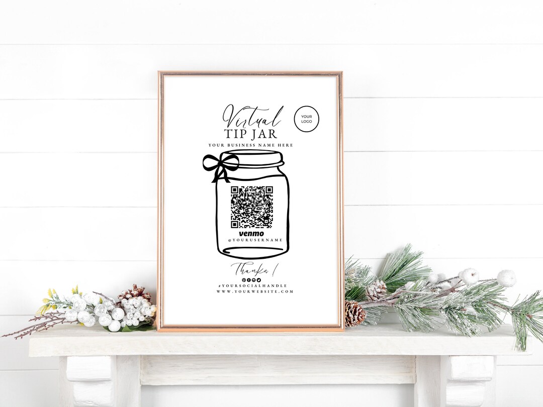 Jar Bar Code Printable Virtual Tip Jar, Editable Venmo Payment Sign, QR Code Sign ...