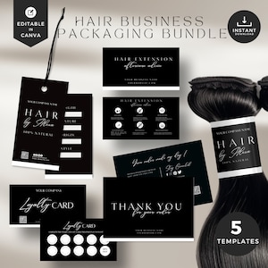 DIY Hair bundle tag template,thank you card,hair extension business,hair hang tag,hair business packaging,hair aftercare,loyalty card,HBU-BW
