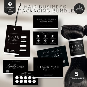 DIY Hair bundle tag template,thank you card,hair extension business,hair hang tag,hair business packaging,hair aftercare,loyalty card,HBU-BW