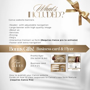 May include: A promotional graphic with the text "What's Included?" and "Bonus Gifts!" in gold. It lists Canva website banners, a business card, and a flyer. The business card is 3.5 x 2 inches. The flyer is US letter and A4 size.