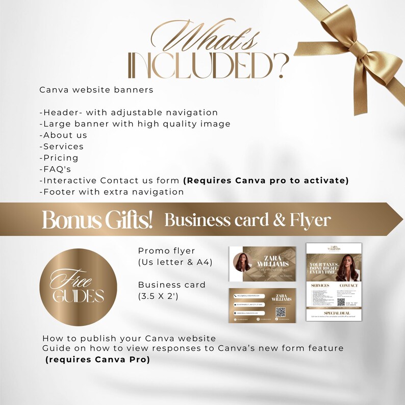 May include: A promotional graphic with the text "What's Included?" and "Bonus Gifts!" in gold. It lists Canva website banners, a business card, and a flyer. The business card is 3.5 x 2 inches. The flyer is US letter and A4 size.