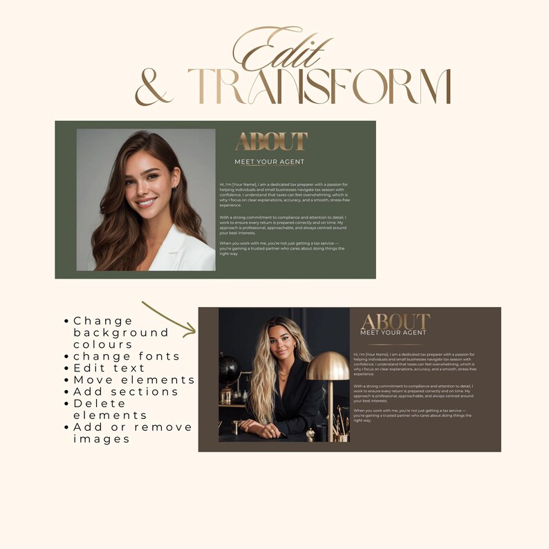 Puede incluir: Un dise&ntilde;o digital con el texto "Edit & Transform" en escritura dorada. El dise&ntilde;o incluye dos secciones con el texto "About Meet Your Agent" e im&aacute;genes de mujeres. Vi&ntilde;etas enumeran las opciones de dise&ntilde;o.