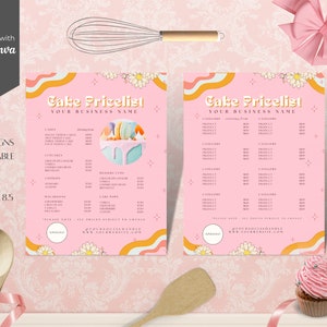 Canva Preisliste Bäckerei, Retro Kuchen Preisliste, Rosa Preisliste, Bäckerei Menü Vorlage, Bäckerei Preisliste, bearbeitbare Preisliste Vorlage, CC-PW