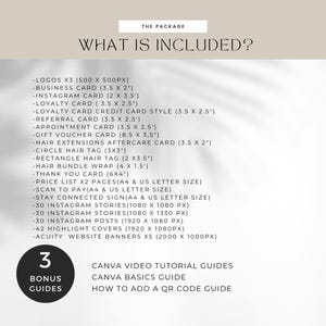 May include: A beige graphic with the text "THE PACKAGE" and "WHAT IS INCLUDED?" lists various digital assets, including logos, business cards, Instagram cards, and gift vouchers. The image also includes "3 BONUS GUIDES" with Canva tutorials.