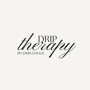 May include: Black and white logo with the text "DRIP therapy BY ZARA GOULD"