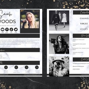 Peut inclure: Une image en noir et blanc d'une trousse m&eacute;dia d'une influenceuse de la mode. La trousse comprend des informations sur l'influenceuse, son public cible, les statistiques de son site web, ses collaborations et les prix de ses services. Le nom de l'influenceuse est Sarah Woods.