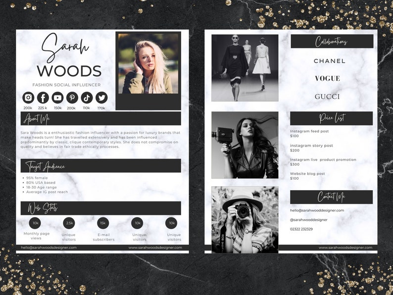 Peut inclure: Une image en noir et blanc d'une trousse m&eacute;dia d'une influenceuse de la mode. La trousse comprend des informations sur l'influenceuse, son public cible, les statistiques de son site web, ses collaborations et les prix de ses services. Le nom de l'influenceuse est Sarah Woods.