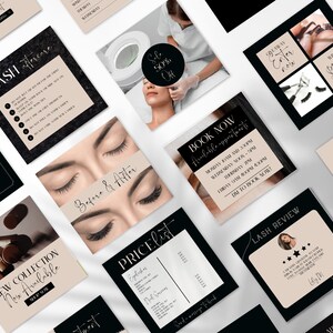 Pu&ograve; includere: Una collezione di grafiche per i social media per un'azienda di extension ciglia. Le grafiche presentano testo in bianco e nero su uno sfondo rosa chiaro. Il testo include "Lash Aftercare", "Book Now", "Price List", "Lash Review", "Giveaway" e "New Collection Now Available".