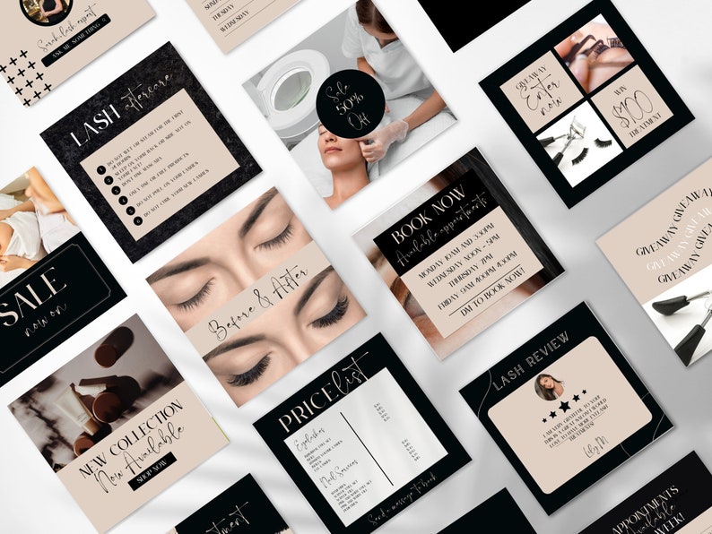 Pu&ograve; includere: Una collezione di grafiche per i social media per un'azienda di extension ciglia. Le grafiche presentano testo in bianco e nero su uno sfondo rosa chiaro. Il testo include "Lash Aftercare", "Book Now", "Price List", "Lash Review", "Giveaway" e "New Collection Now Available".