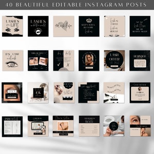 Pu&ograve; includere: Una collezione di 40 modelli di post Instagram modificabili per le aziende di ciglia. I modelli presentano uno schema di colori bianco e nero con un design moderno e minimalista. I modelli includono testo come "Le ciglia sono la migliore amica di una ragazza", "&Egrave; l'ora delle ciglia", "Consigli per la cura delle ciglia", "Listino prezzi" e "Prenota ora".