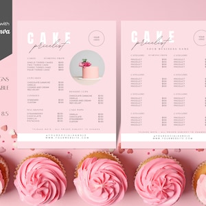 May include: A pink and white cake price list template with a pink background. The template includes a section for cakes, cupcakes, dessert cups, macaroons, and cake pops. The price list is titled "CAKE pricelist" and includes the text "YOUR BUSINESS NAME".