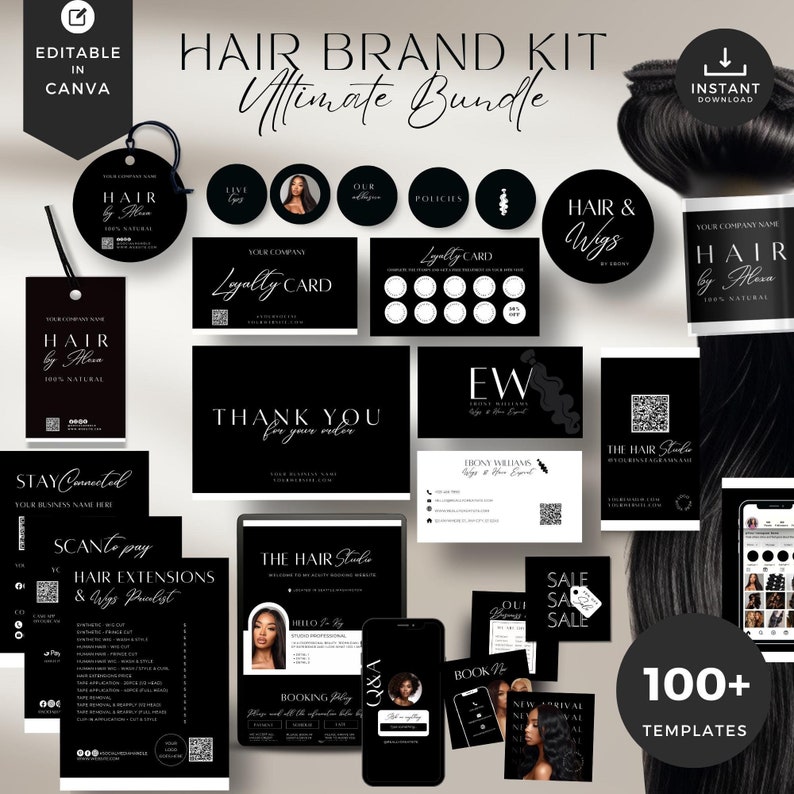 May include: A black and white graphic design kit for hair extensions and wigs. The kit includes over 100 templates for social media, marketing, and branding. The templates feature a modern and minimalist design with a focus on hair care.