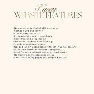 Puede incluir: Gr&aacute;fico beige con el texto "Canva WEBSITE FEATURES" en una fuente elegante. Las vi&ntilde;etas enumeran caracter&iacute;sticas como no requiere codificaci&oacute;n, dise&ntilde;o de arrastrar y soltar y capacidad de respuesta m&oacute;vil. El gr&aacute;fico est&aacute; dise&ntilde;ado para peque&ntilde;as empresas.