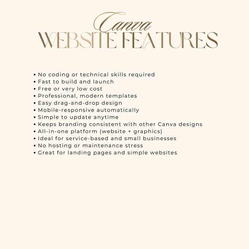 Puede incluir: Gr&aacute;fico beige con el texto "Canva WEBSITE FEATURES" en una fuente elegante. Las vi&ntilde;etas enumeran caracter&iacute;sticas como no requiere codificaci&oacute;n, dise&ntilde;o de arrastrar y soltar y capacidad de respuesta m&oacute;vil. El gr&aacute;fico est&aacute; dise&ntilde;ado para peque&ntilde;as empresas.