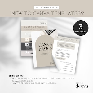 May include: A digital download product for Canva templates with three free guides: Canva Basics, Instructions for How to Create a QR Code, and Instructions with 9 Free How to Edit Video Tutorials. The guides are in a minimalist style with a beige background and black text.