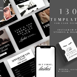 130  Lash Tech Instagram Post Templates, Canva template instagram post salon ,Lash Artist Content, Lash extension posts, black, white,LT-BW