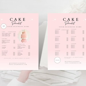Kuchenpreisliste, minimale Preisliste, Bäckereimenüvorlage, Bäckereipreisliste, bearbeitbare Preislistenvorlage, rosa Preisliste, CC-PWR