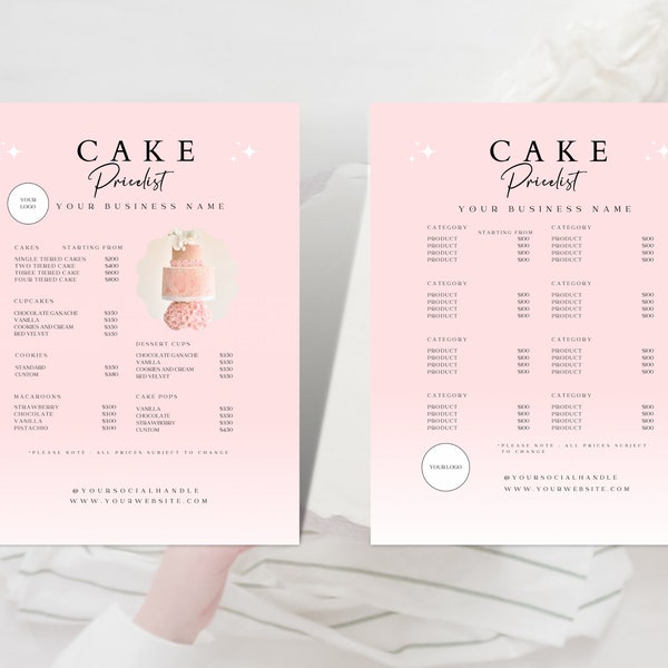 Cake price list, minimal price list, bakery menu template, bakery price list, editable price list template, blush pink  price list, CC-PWR