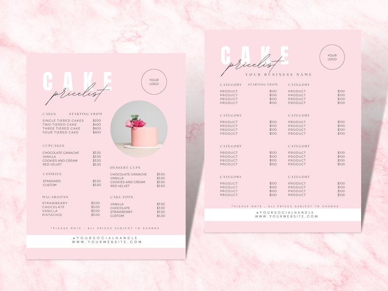 May include: Pink and white cake price list with a pink background. The price list includes cakes, cupcakes, cookies, macaroons, cake pops, and dessert cups. The price list also includes a section for tiered cakes with prices starting from $100.