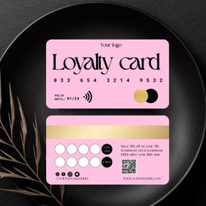 ロイヤルティ カード テンプレート クレジットカード、ラッシュ、ヘア、ラッシュ テック、スタンプ テンプレート、ボトックス、美容院、三つ編み、ネイル、ミニマル、ロイヤルティ パンチ、ピンク、LC-PP